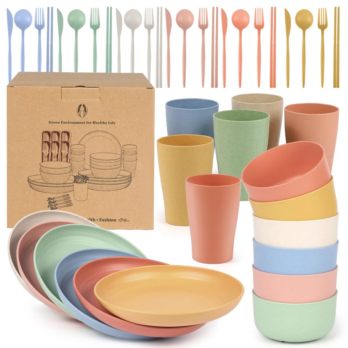 Czemo Vajilla de camping 6 Personas, Juego de Platos Camping Platos y Cubiertos Kit de Camping con Platos, Cuencos, Tazas, Tenedores, Cucharas para Picnic Senderismo Trekking