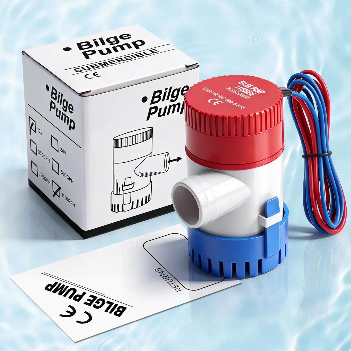 Bomba de Achique 12V 1100GPH, Bomba de Achique Manual 29mm, Bomba Sumergible Eléctrica para Barco Marina Yate Exterior Jardín, Bomba Desagüe Agua 4164L/h