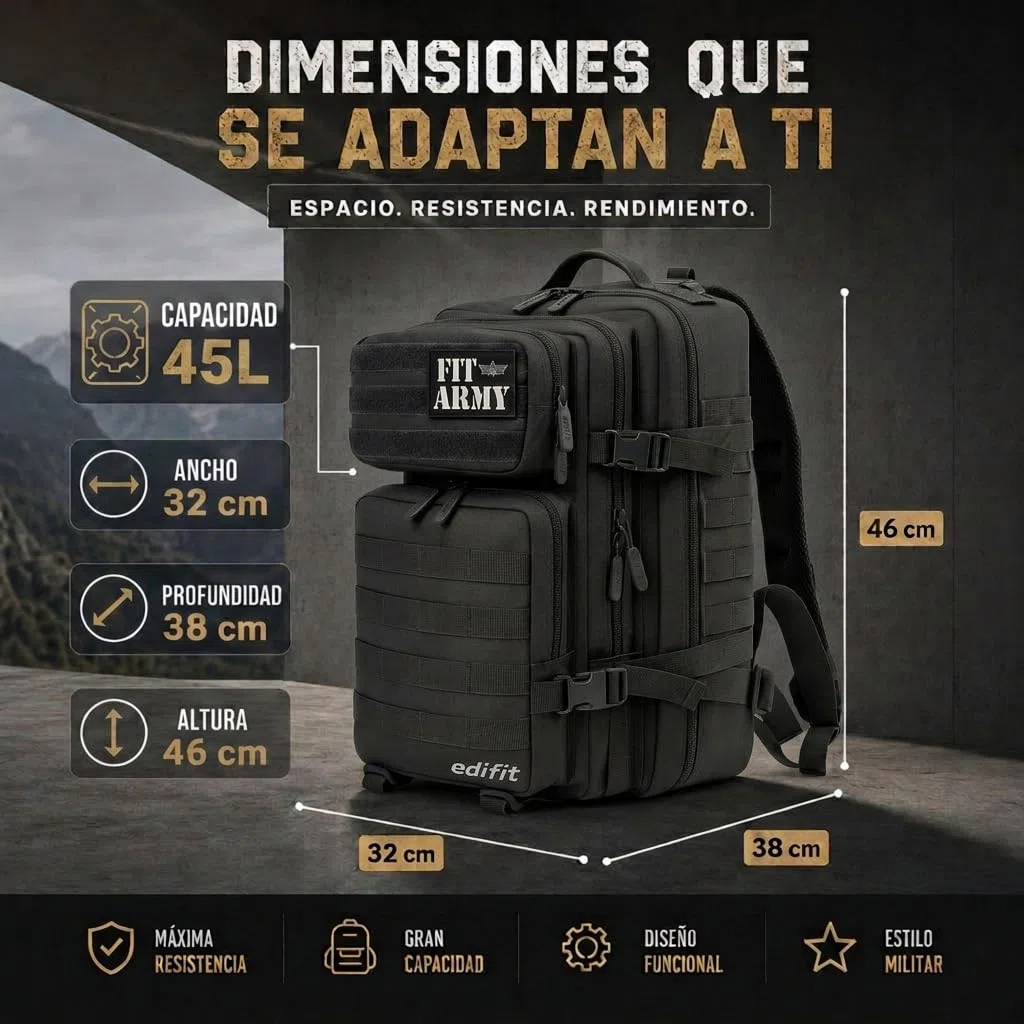 EDIFIT, Mochila Crossfit, 45L, Militar, Tactica, para Gimnasio, Senderismo, Acampada o Supervivencia, Unisex, Impermeable, Resistente, con Multiples Bolsillos