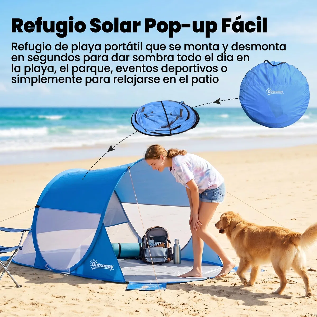Outsunny Tienda de Playa Plegable Pop-up Carpa de Playa Automático para 1-2 Personas con 1 Puerta 2 Ventanas y Bolsa de Transporte para Parque Camping 200x120x90 cm Azul