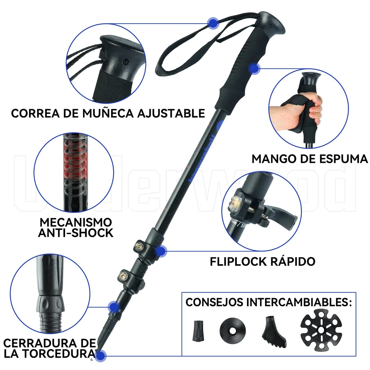 Bastones de Senderismo Nórdico, Bastón Telescópico 2 Pieza para Trekking, Bastón de Aluminio, Bastón de Trekking de 60-135 cm para Niños, Adultos, Bastón Ajustable con Absorción Antichoque