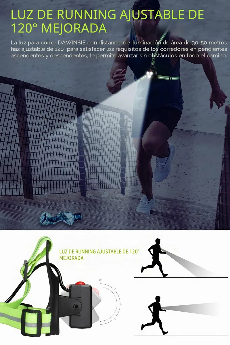 DAWINSIE Luz para Correr Running con Recargables USB Impermeable, Luz Led Frontal Correr, Lámpara 3 Modos, con Cinta Reflectante, Liviano, Cómodo e Ideal para Trotar, Competir
