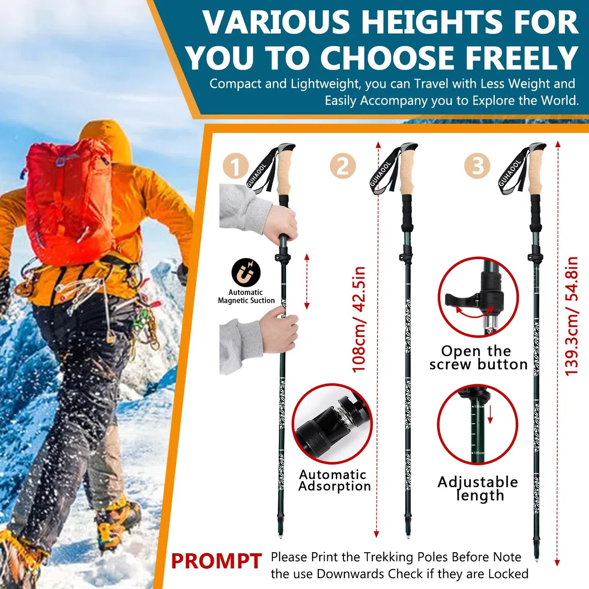 Bastones de Senderismo Bastones Trekking Plegables, 2pcs Bastones Trekking Carbono e Alluminio Plegables, Ligero de Aluminio 7075,Ajustar la Longitud 108-139CM,Nordic Walking,Caminar, Montaña