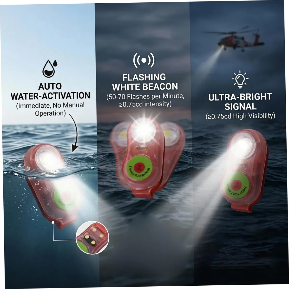 Paquete de 4 Luces de Emergencia activadas por Agua para Chaleco Salvavidas para Adultos - Luz de Chaleco Salvavidas aprobada 150N, Naranja Rojo
