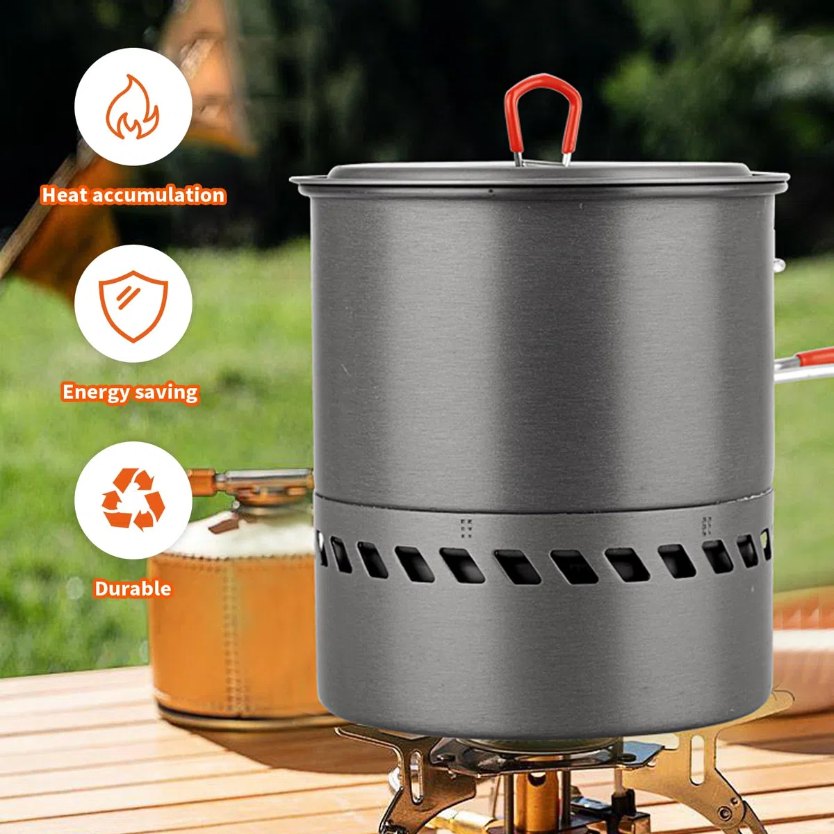 Tentock - Intercambiador de calor de aluminio para 2-3 personas, 1.5L/2.1L, utensilios de cocina al aire libre con asa plegable y bolsa de almacenamiento para viaje, picnic, camping, ebullición rápida