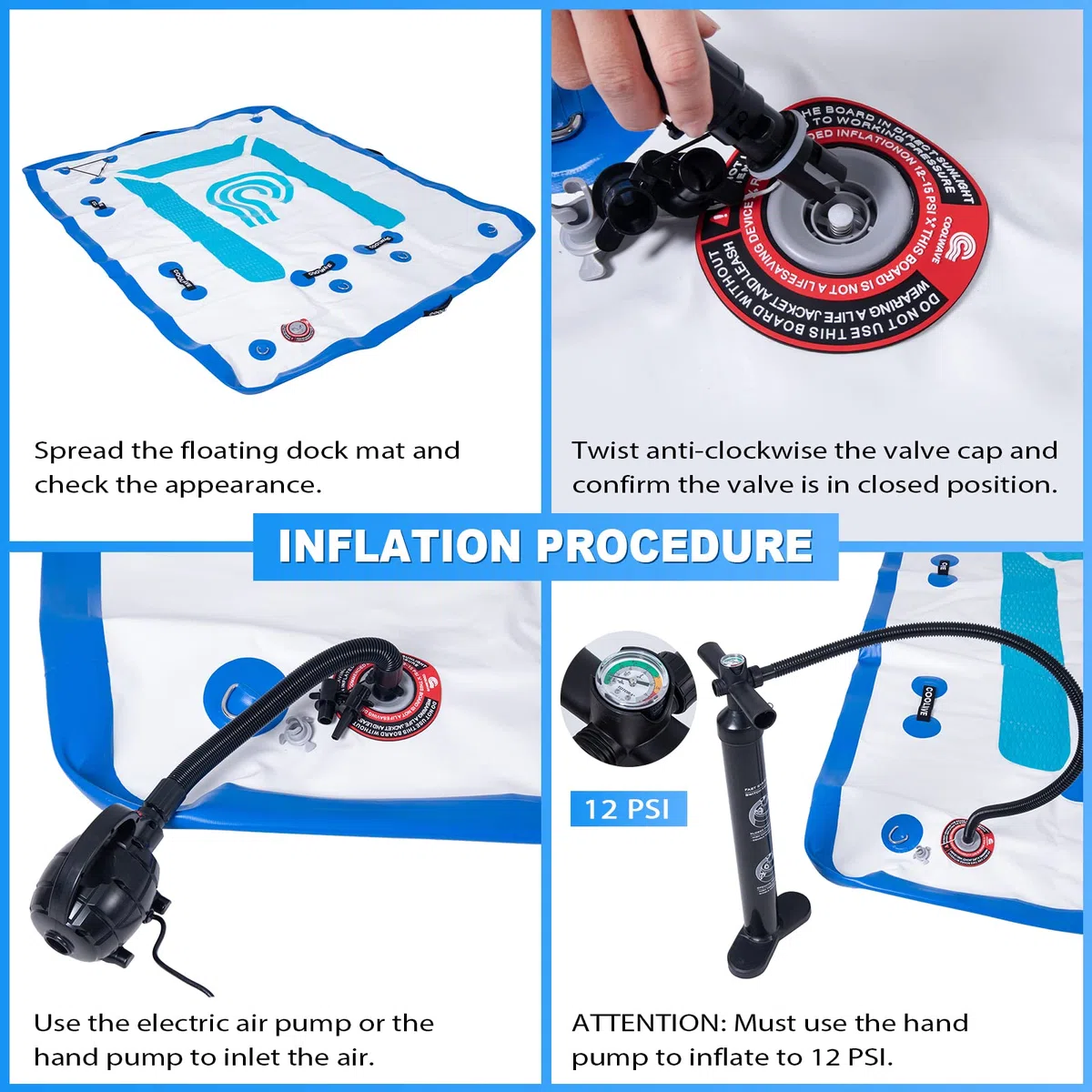 COOLWAVE Plataforma inflable flotante para lagos, plataforma de baño grande de 8 x 6 pies, inflable con almohadilla antideslizante, isla de baño inflable con bomba de aire eléctrica para 4-5 personas