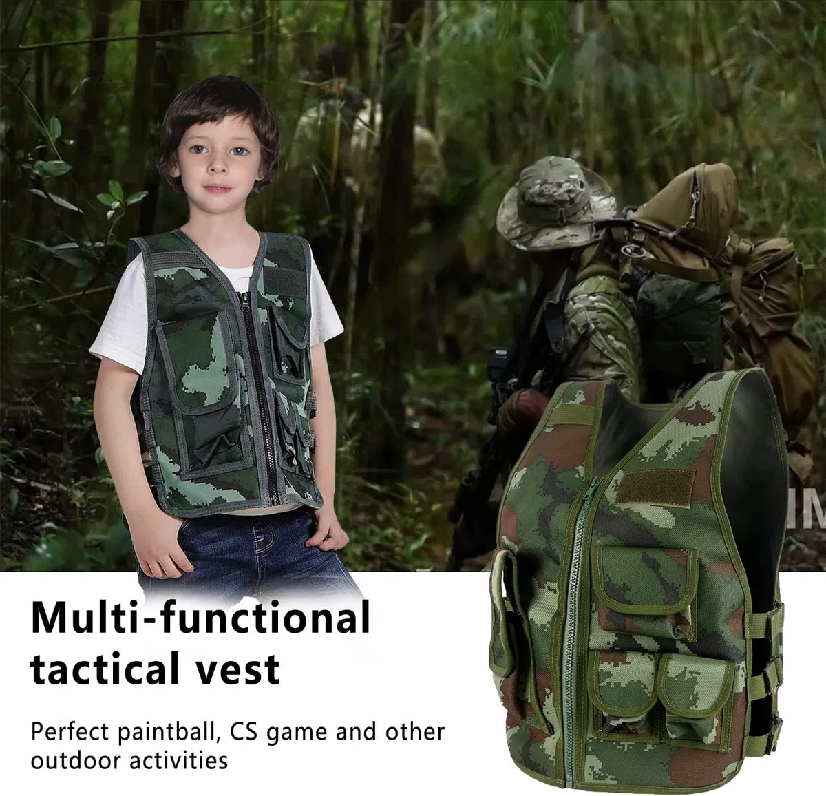 Chaleco táctico para niños al aire libre, chaleco de combate para niños, chaleco transpirable ajustable con guantes cortos de medio dedo para niños