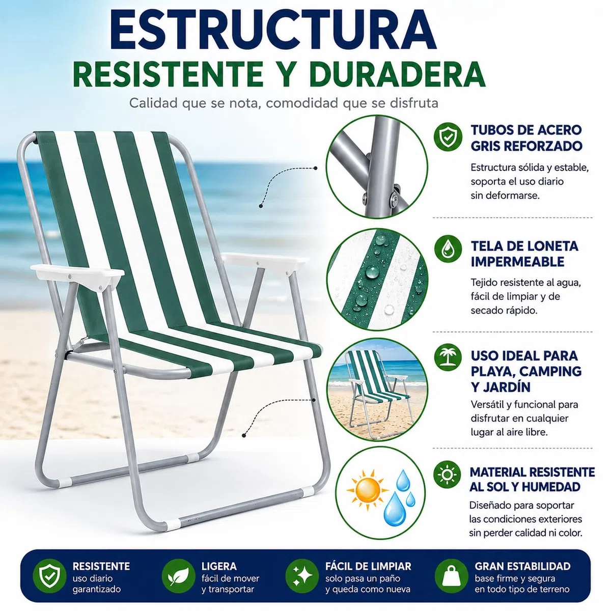 TIENDA EURASIA - Pack 2 Silla Playa o Camping Plegable | Estructura de Acero Gris | Tela de Loneta Impermeable | Ligera | Estampado Rayas Azul y Verde | Medidas 75 x 53 x 43 cm