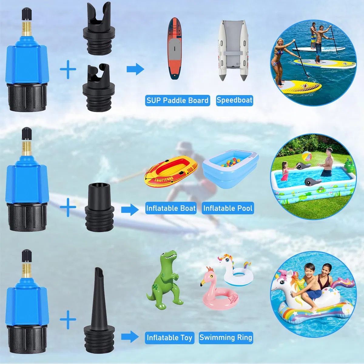 Adaptador de Bomba Sup, 2 unidades, con 9 boquillas – Adaptadores de Bomba Inflable compatibles con tablas de paddle surf, canoas, botes de goma, barcos inflables, colchones de aire, piscinas y más.