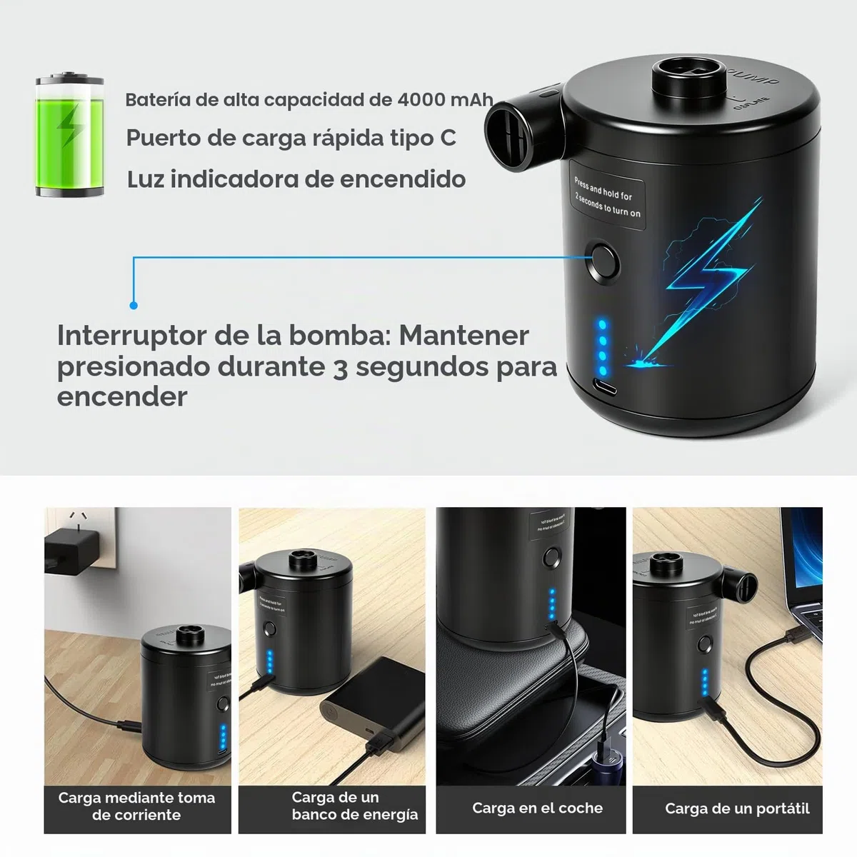 PATEMZON Inflador Electrico, Inflador Colchon Hinchable, 4000mAh Bomba de Aire Electrica con 3 Boquillas, Inflado/Desinflado Rápido, Bomba de Aire Portatil para Piscinas y Colchones de Cama