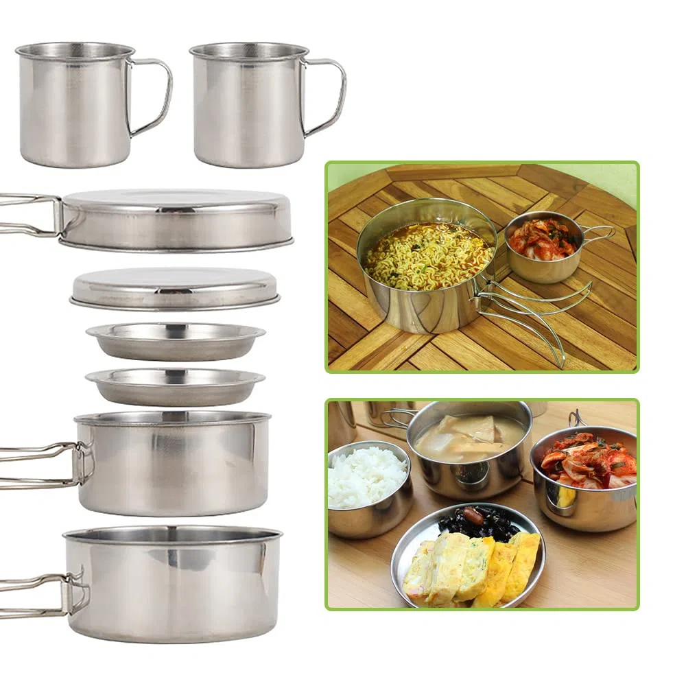 8PCS Kit de Utensilios Cocina Camping Acero Inoxidable Juego Olla y Sartén con Platos Vasos para Campamentos Excursiones Mochilería al Aire Libre