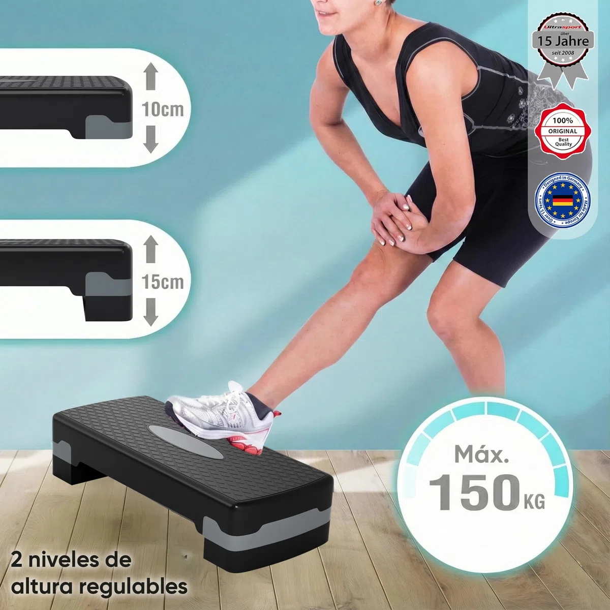 Ultasport Step de Aeróbic I Steps Fitness I Antideslizante, Ajustable en 2 Alturas I Stepper para Ejercicio en Casa, Stepboard, Stepbench 68 x 28 cm, Gris