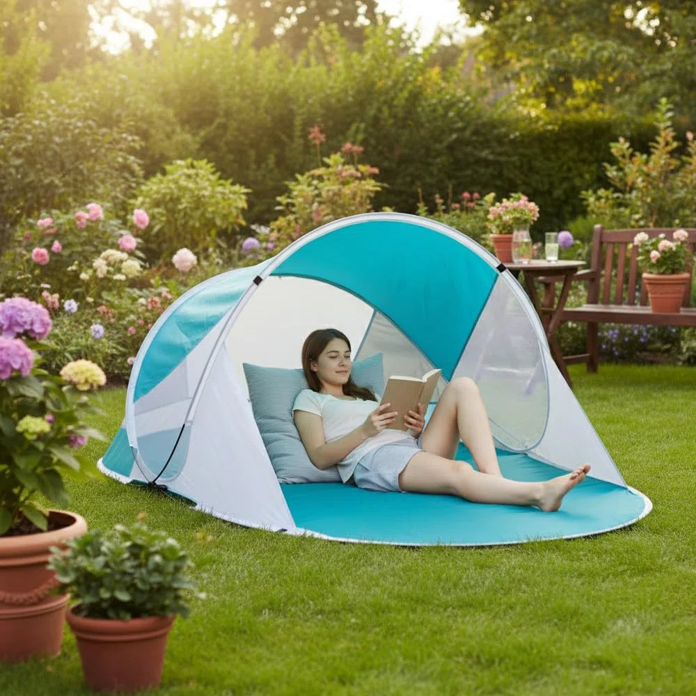 MONTY Paravientos Pop Up Aguamarina, de 190x120x90 cm. Protección Solar UPF+50, Despliegue Automático 1 Segundo, Ventilaciones Anti-Viento, Bolsa de Transporte, para Playa, jardín, montaña.