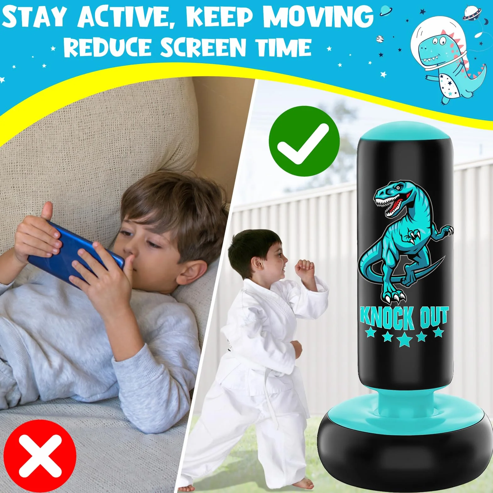 Saco de Boxeo niños, Juego de Saco Boxeo Independiente de 160 cm con Guantes de Boxeo,Feroz Dinosaurio Deportivo Inflable Saco de Kickboxing para Entrenamiento de kárate Taekwondo MMA