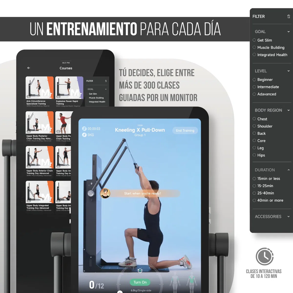 Power S Pro – Gimnasio en Casa Inteligente con Pantalla 43”, Multiestación 120 kg, 650 Entrenamientos, Spotter IA y Remo; Equivale a 260 Máquinas