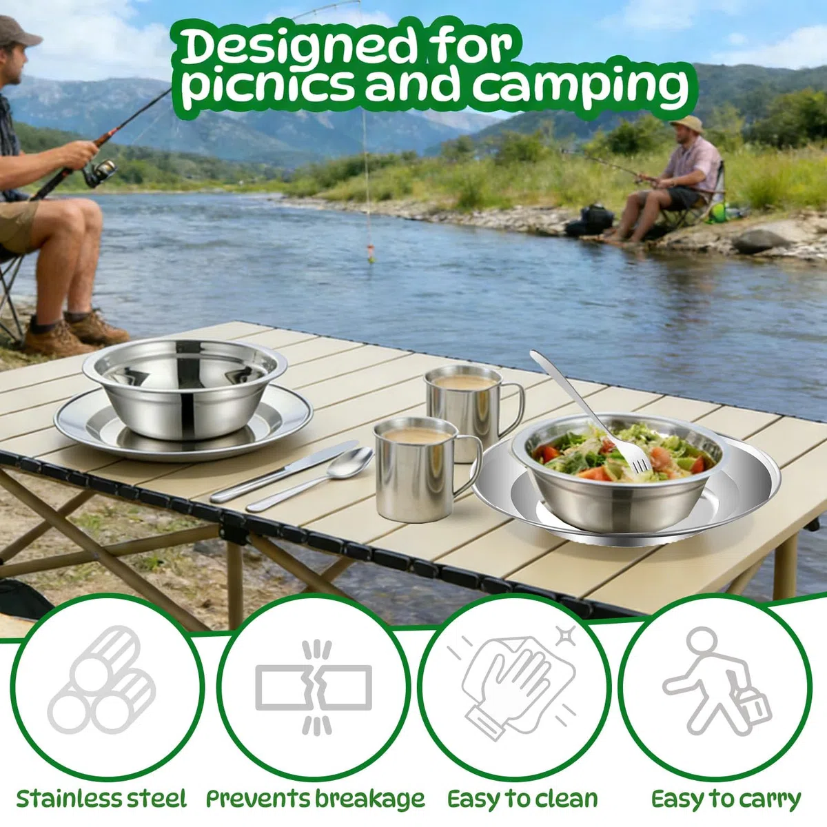 Vajilla Camping,Vajilla de Acero Inoxidable,con Placa Tazon Tenedor Cuchara Cuchillo y Bolsa de Red,para Autocaravana,pícnic,Viajes,Aire Libre