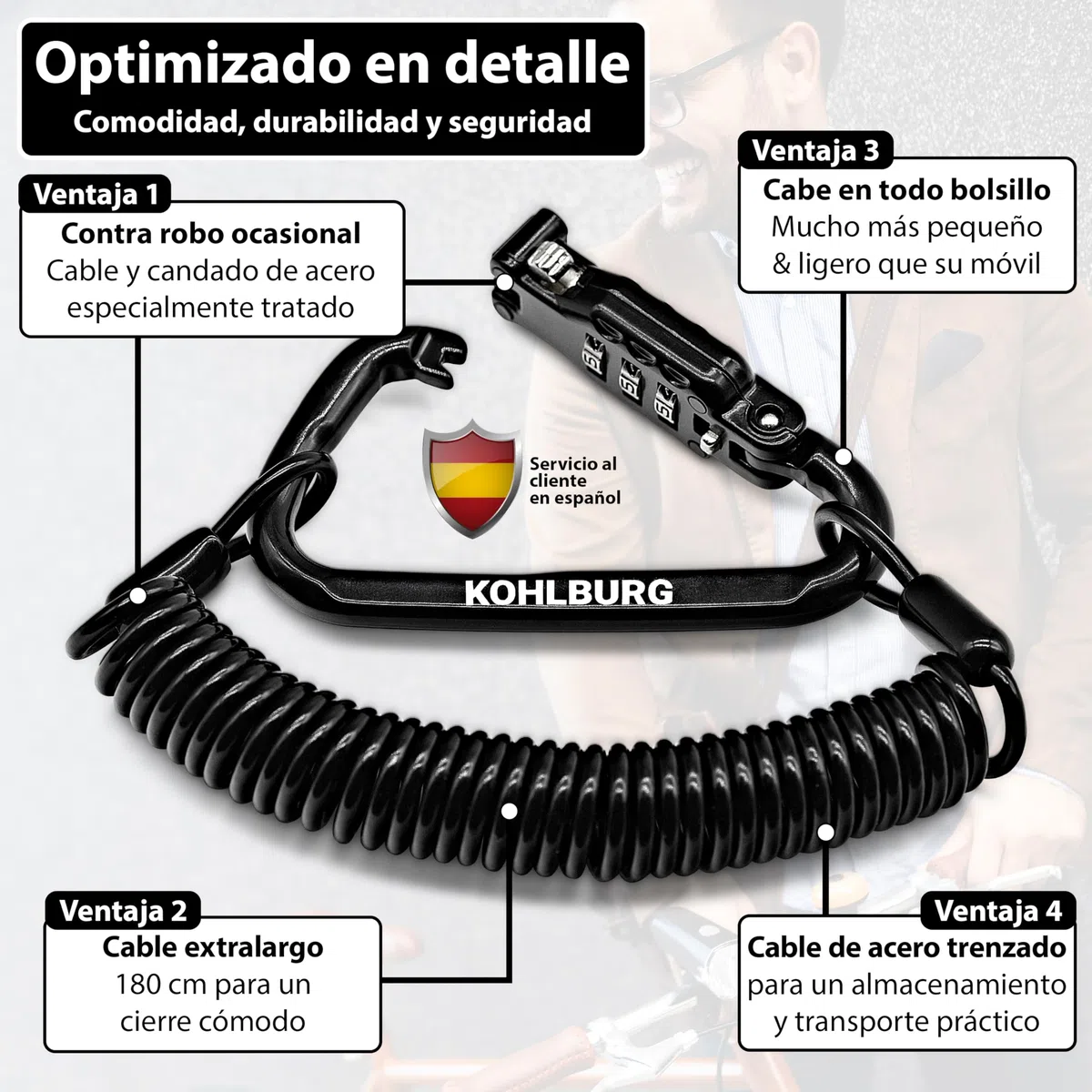 KOHLBURG candado bicicleta combinacion [180 cm extra larga y ligero] - candado cable de 3 mm de grosor - para carrito de bebés, casco moto, candado esquis y snowboard, bici, cadena bicicleta