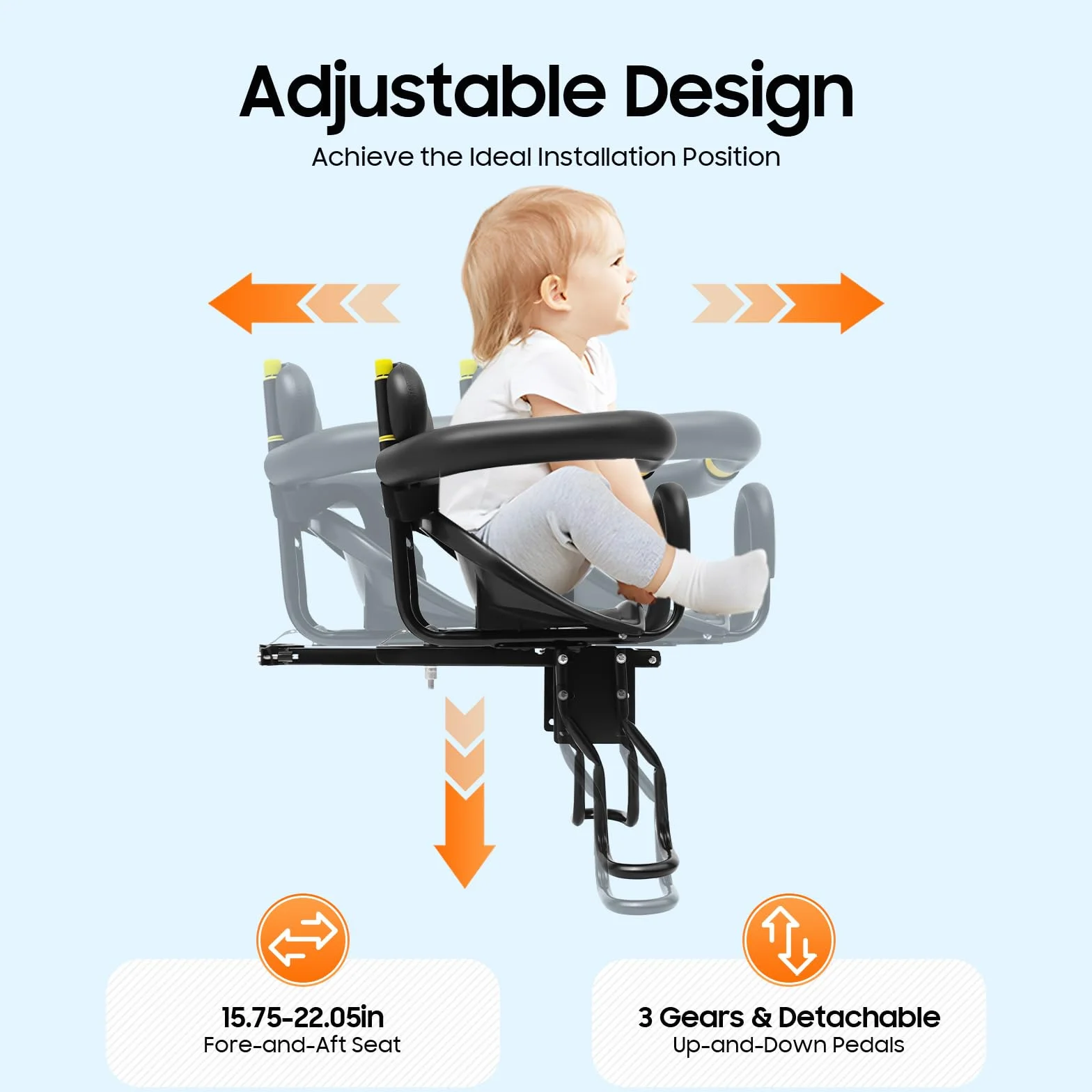 Silla Bicicleta Niño Trasera, Asiento Bicicleta Niño, Silla Bicicleta Niño Delantera, 35kg Carga, Asiento Regulable y Pedales, Asiento Bicicleta para 1-5 Años (Negro)
