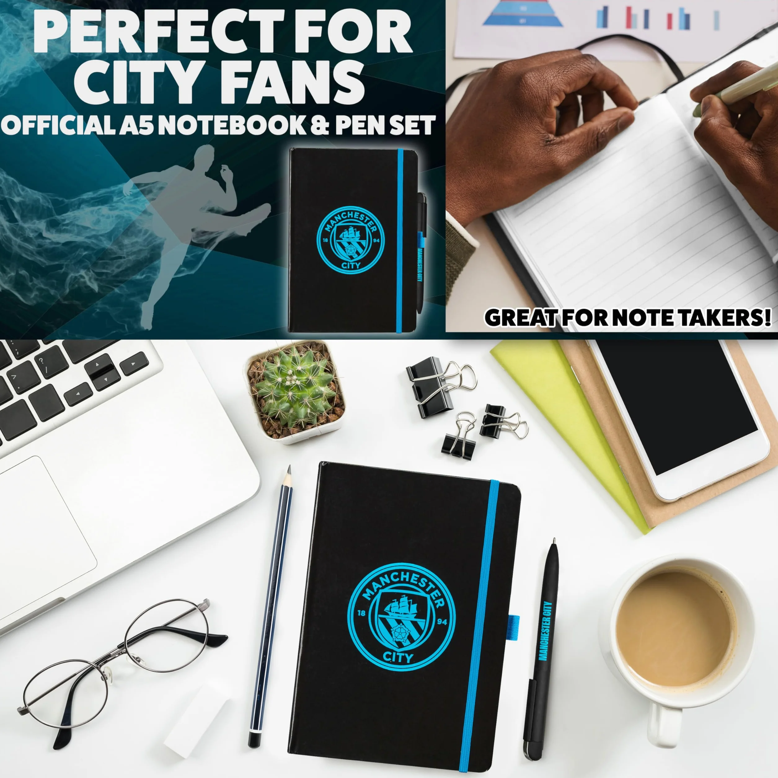 Manchester City F.C. Supporters' Gear Stationery Set A4 cuaderno y bolígrafo, regalos