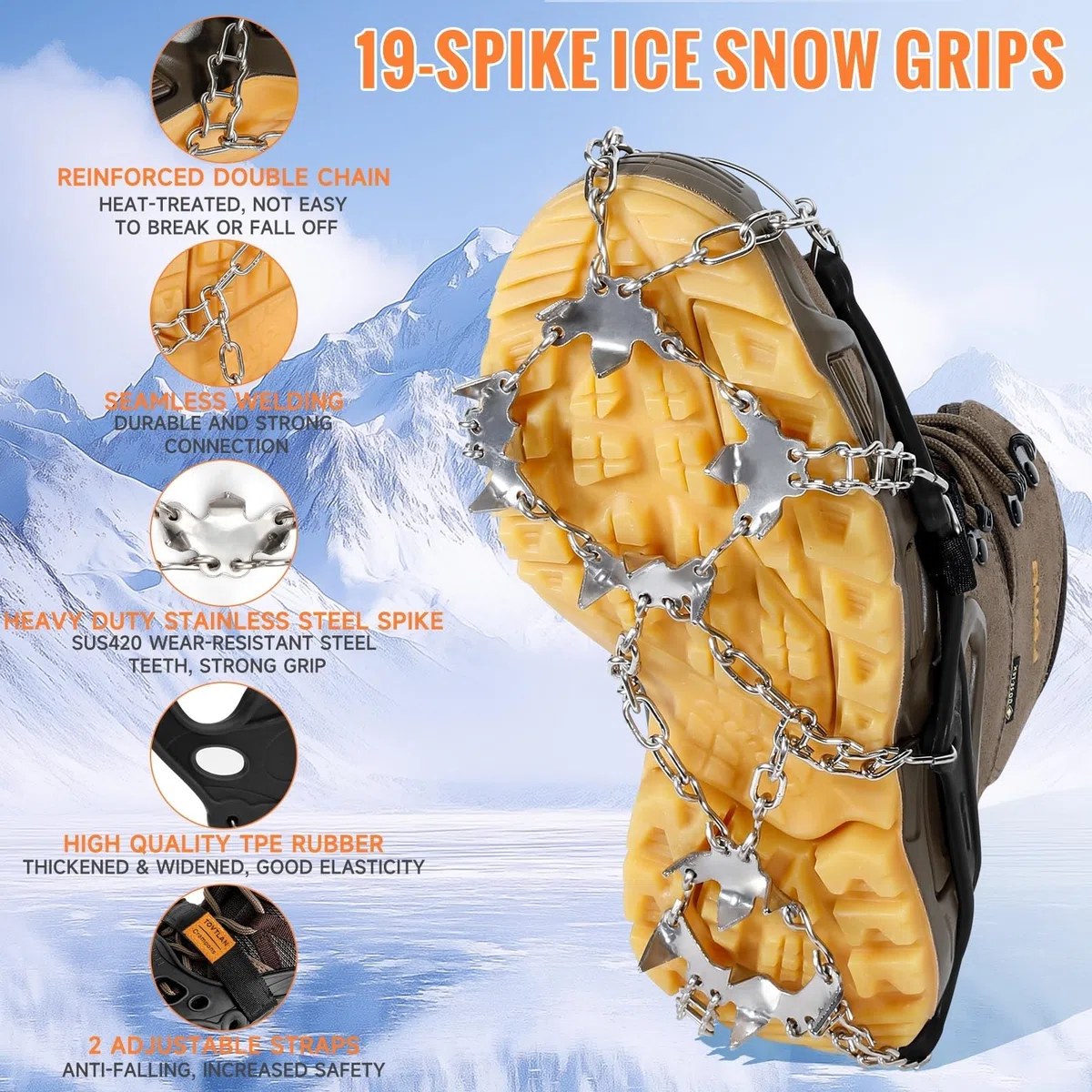 Crampones para Botas de Senderismo, 19 Dientes Crampones Acero Inoxidable Antideslizante Zapatos, Portátiles Crampones para Caminar, Senderismo, Escalada, Pesca y Montañismo