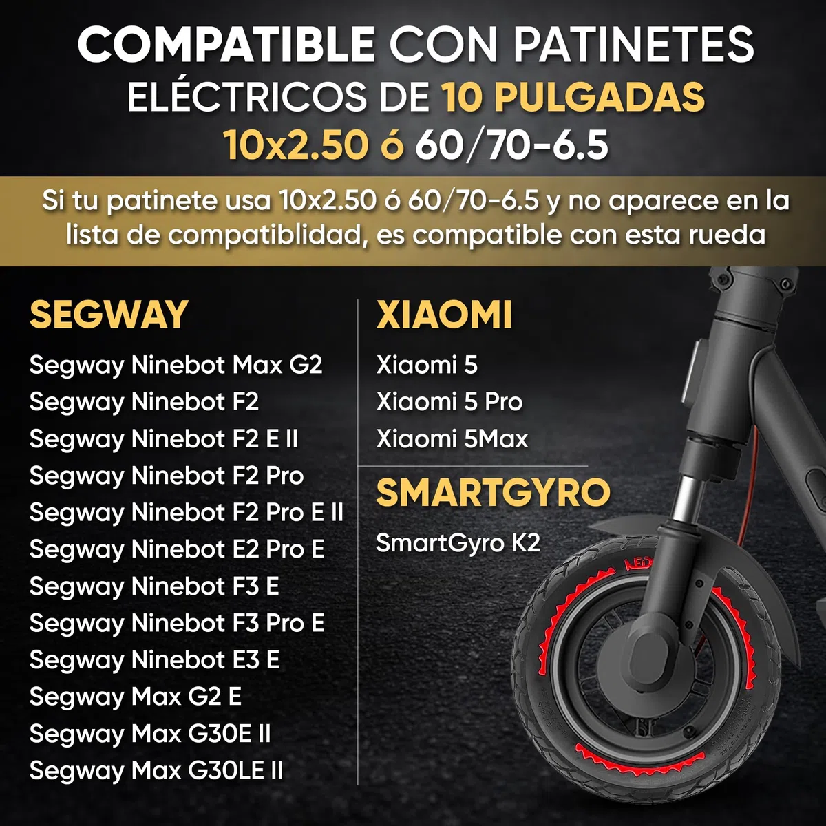 ANSENI Rueda Maciza 60/70-6.5,Neumatico 10 pulgadas 10x2.50-6.5, Rueda Antipinchazo compatible con Patinete Xiaomi 5/5 Pro/5 Max,Segway Ninebot E3 E,Ninebot Max G30/G30D,Smartgyro K2 (2 Ruedas)
