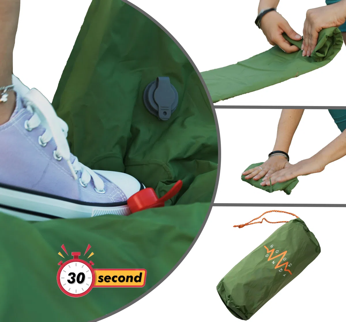 Colchoneta de Camping Autoinflable, Ultraligera, Verde, Inflado en 30 Segundos, con Bolsa de Transporte