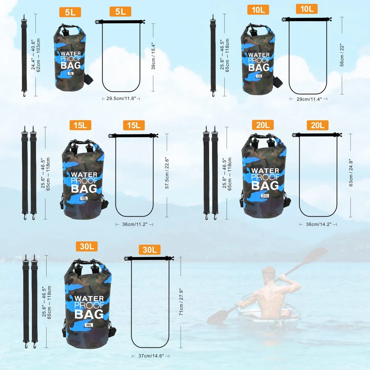 Bolsa Seca Impermeable, Mochila Seca Flotante Bolsa de Playa Saco seco liviano para la Playa, Paseos en Bote, Pesca, Kayak, natación, Rafting, Camping 5L 10L 15L 20L 30L