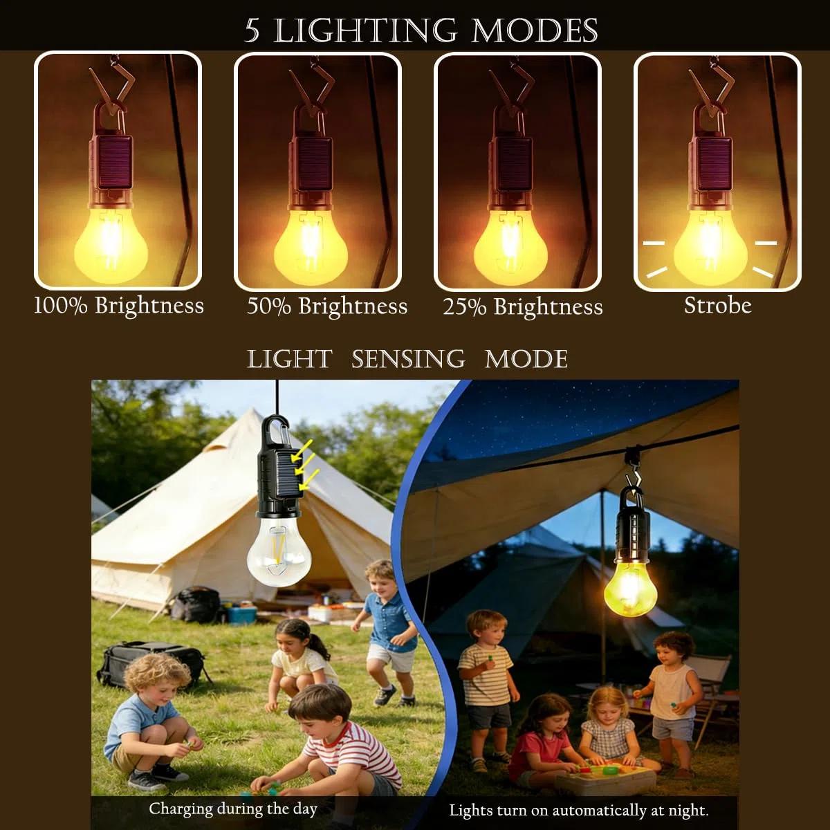Luces solares y linternas de camping con sensor de luz para colgar con gancho al aire libre, bombilla recargable por USB, llavero portátil, 4 modos de iluminación para decoraciones de Navidad