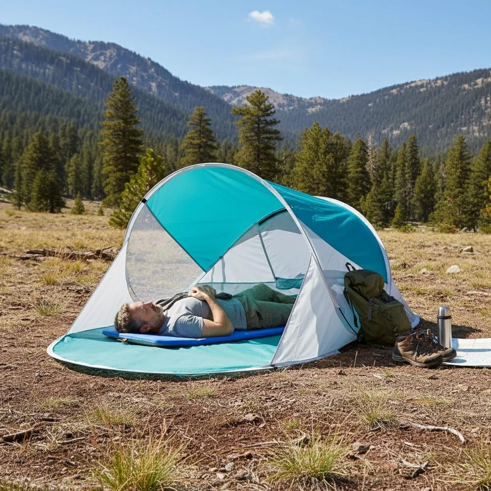 MONTY Paravientos Pop Up Aguamarina, de 190x120x90 cm. Protección Solar UPF+50, Despliegue Automático 1 Segundo, Ventilaciones Anti-Viento, Bolsa de Transporte, para Playa, jardín, montaña.