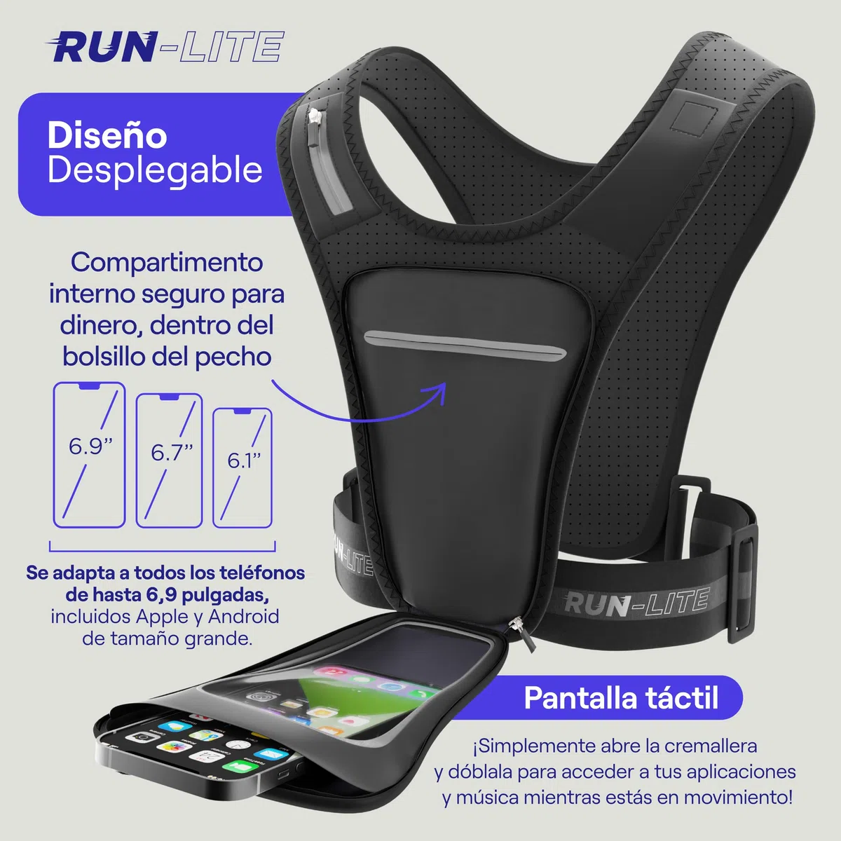 Chaleco para Correr con Soporte para Teléfono – Bolsa Impermeable, Cinturón Ajustable, Reflectante, 2 Bolsillos para Llaves y Geles, Compatible con Teléfonos de hasta 6,8" (Unisex - Adulto)