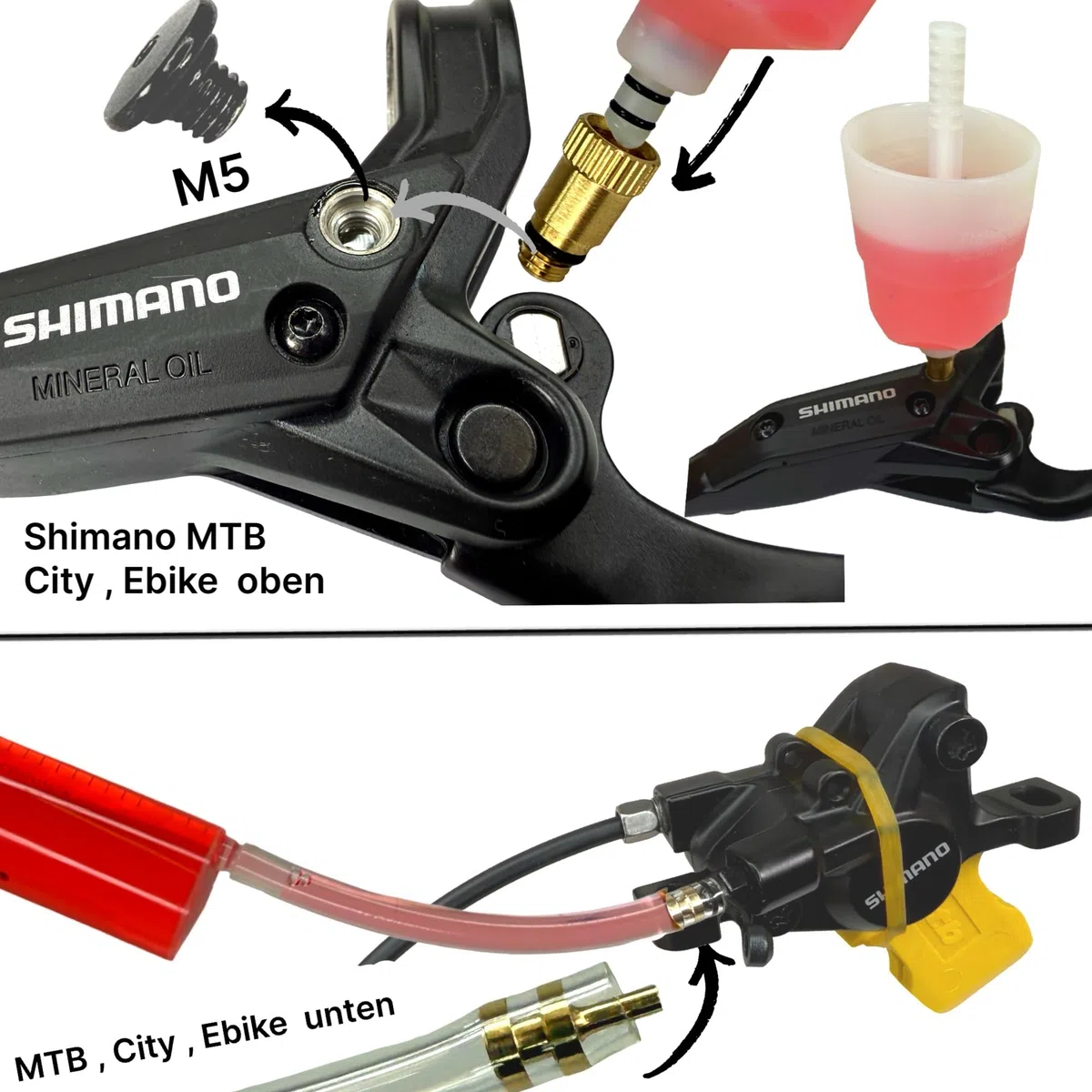 Shimano - Aceite mineral hidráulico de 500 ml + frenos de disco F26, kit de mantenimiento Pro Service Kit MTB City Ebike & STI Road Gravel Disc Purgador de Disco, Embudo con conector M5 M6 M7
