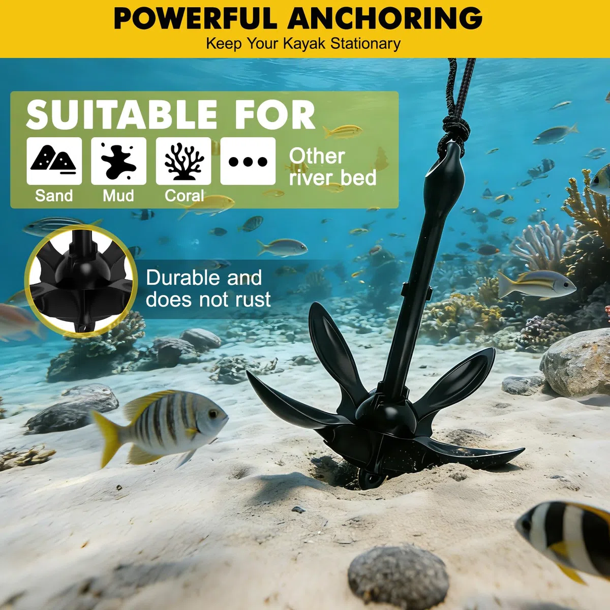 Anclaje de Barco de 1.59 kg, Ancla Plegable, Kit de Ancla Barco Pequeña con Cuerda Flotante de 10m, una boya de Bola y una Bolsa de Almacenamiento, para Kayaks, Moto de Agua Jet, Canoas