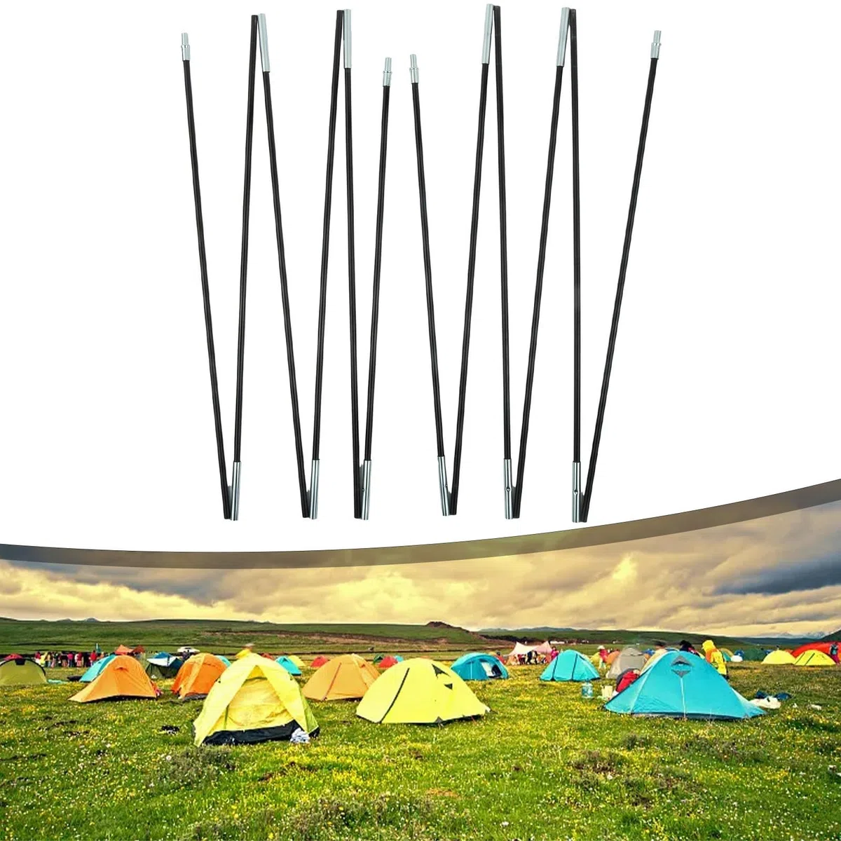 Juego de varillas de repuesto plegables de fibra de vidrio de 11 secciones con conectores integrados, diseño ligero y portátil para refugio de camping, color negro, dos