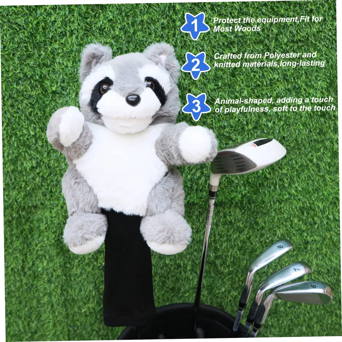 Jorzer Divertidas Fundas para Palos de Golf, adorables Fundas de Peluche de Mapache para Palos de Golf, Suaves para Driver para Hombres y Mujeres..