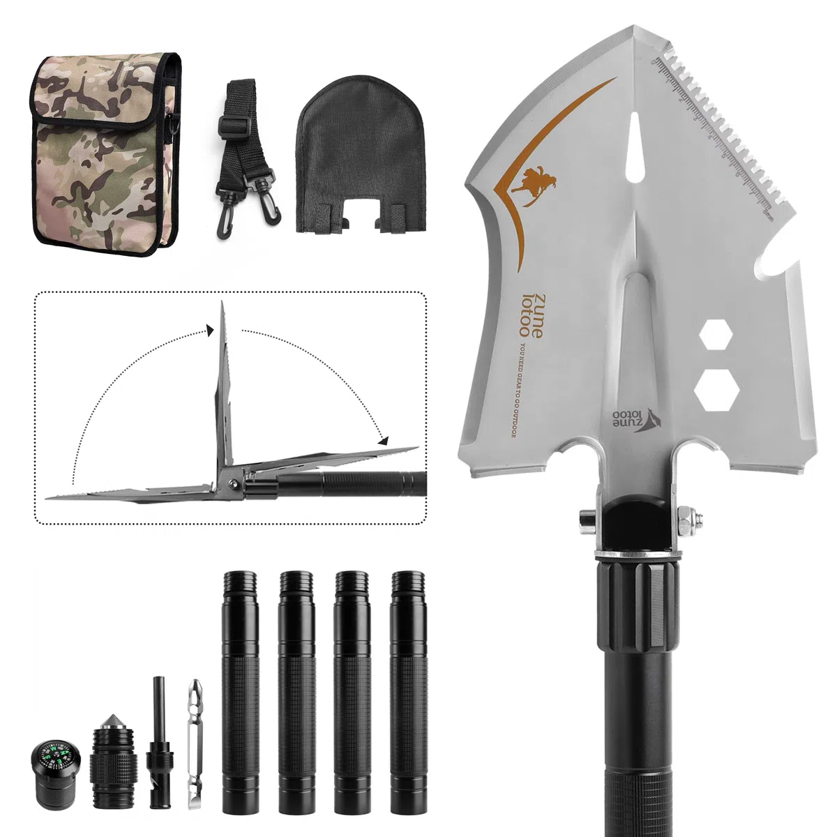 Zune Lotoo Pala Plegable de 100cm, 15 en 1 Pala Multiusos Portátil de Acero al Carbono con 3 Combinaciones de Longitudes, Pala Plegable Compacta para Camping, Senderismo, Jardín, Aventura