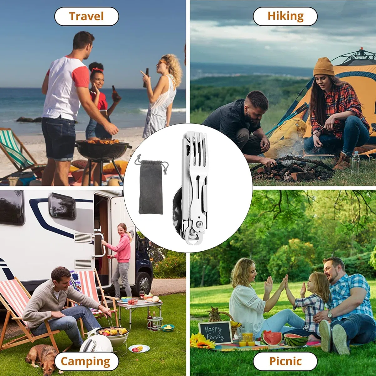 Cubiertos plegables multifuncionales 5 en 1, Vajilla de utensilios para acampar al aire libre, Juego de cubiertos portátil de acero inoxidable para viajes, con bolsa con cordón (2 Paquetes)