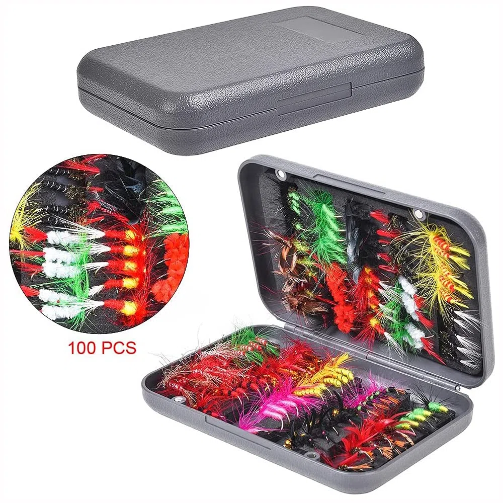 Kit de pesca con mosca de 100 piezas, surtido de moscas secas y húmedas con caja impermeable para pesca de truchas