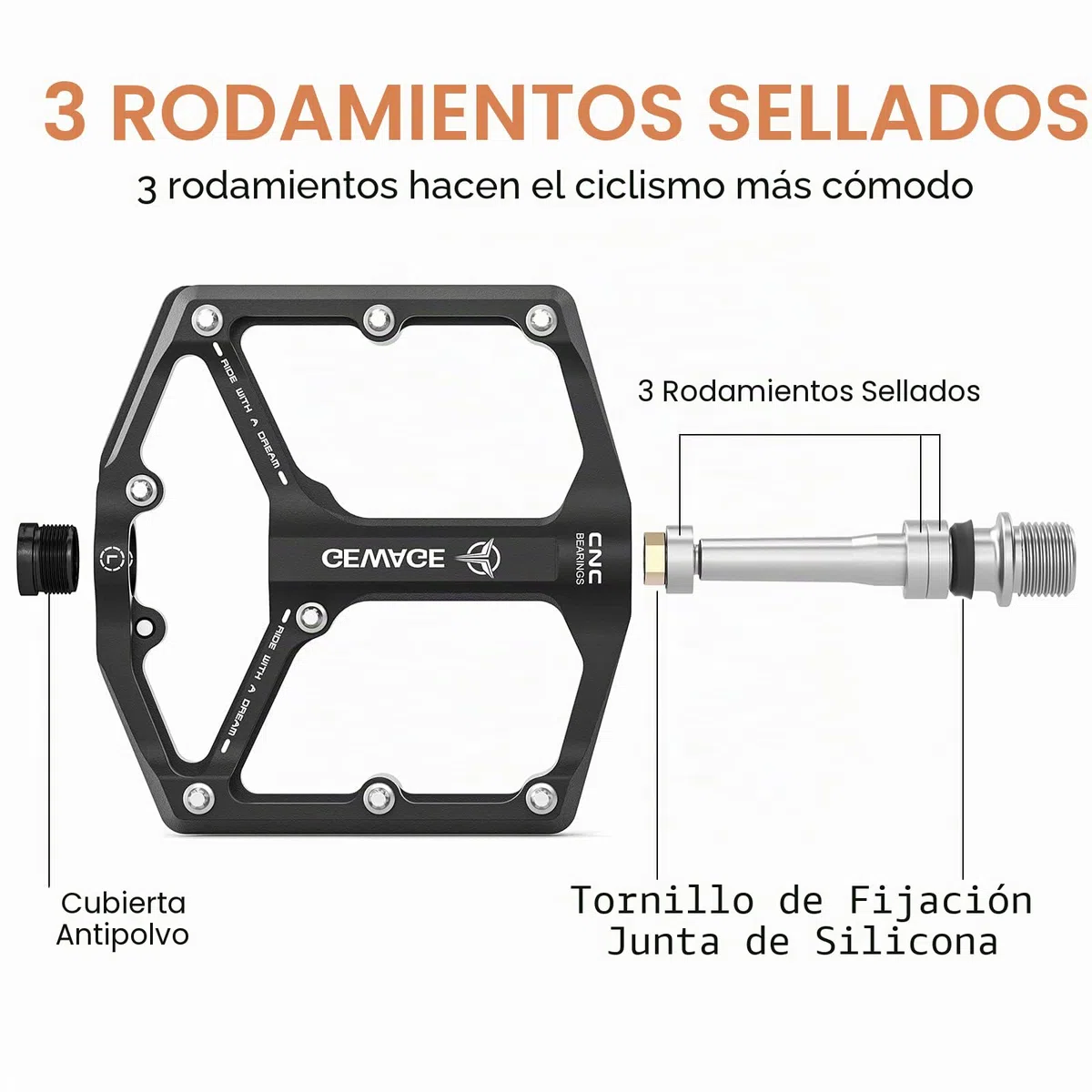 GEWAGE Pedales de Bicicleta de Carretera/montaña - Pedales de Bicicleta de 3 rodamientos - Pedales Planos mecanizados CNC de 9/16” con Clavos Antideslizantes extraíbles