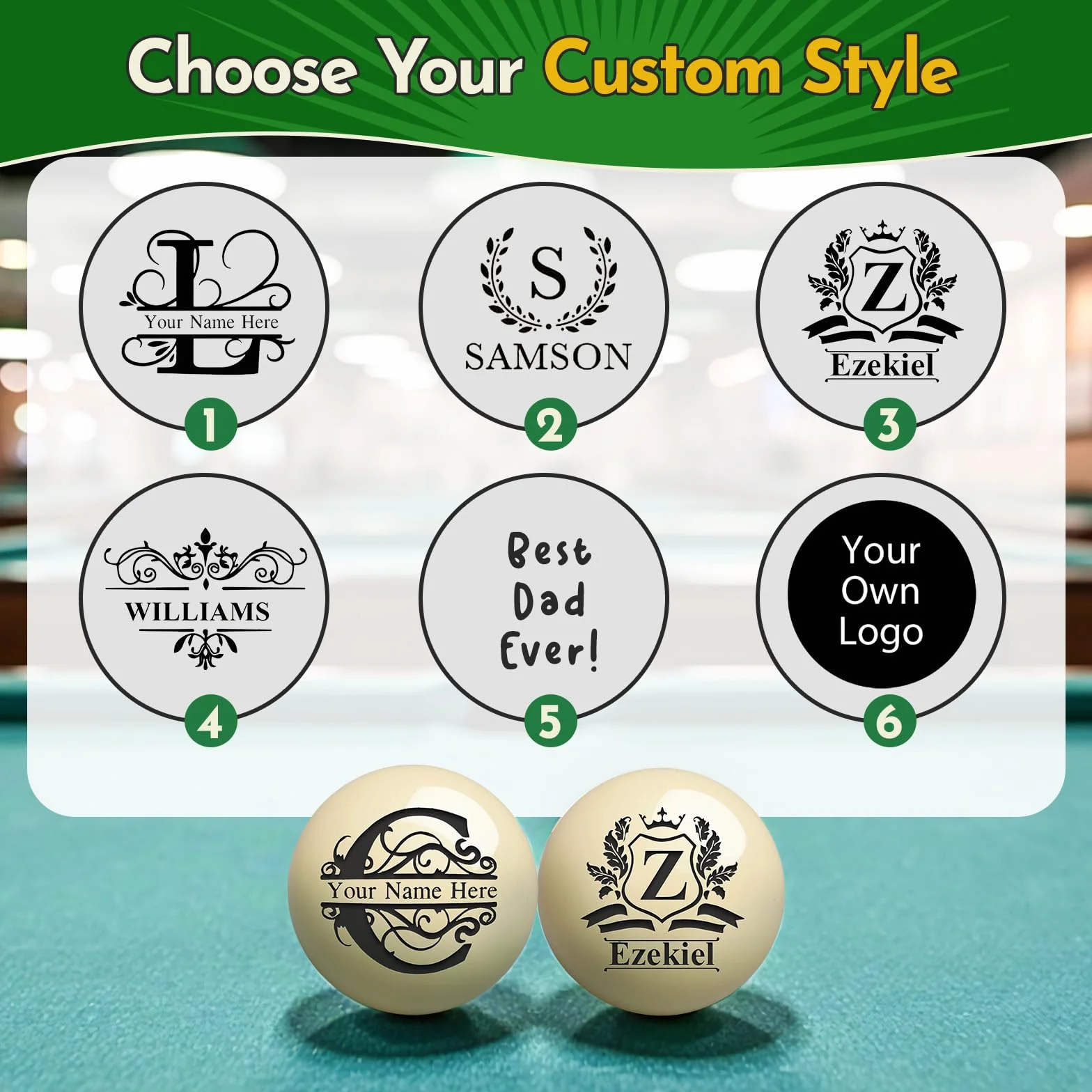 Bola de billar personalizada con bolsa, texto grabado o logotipo, bola de taco de monograma personalizado de 57 mm, regalos de cumpleaños para papá, marido, amante del billar, boda
