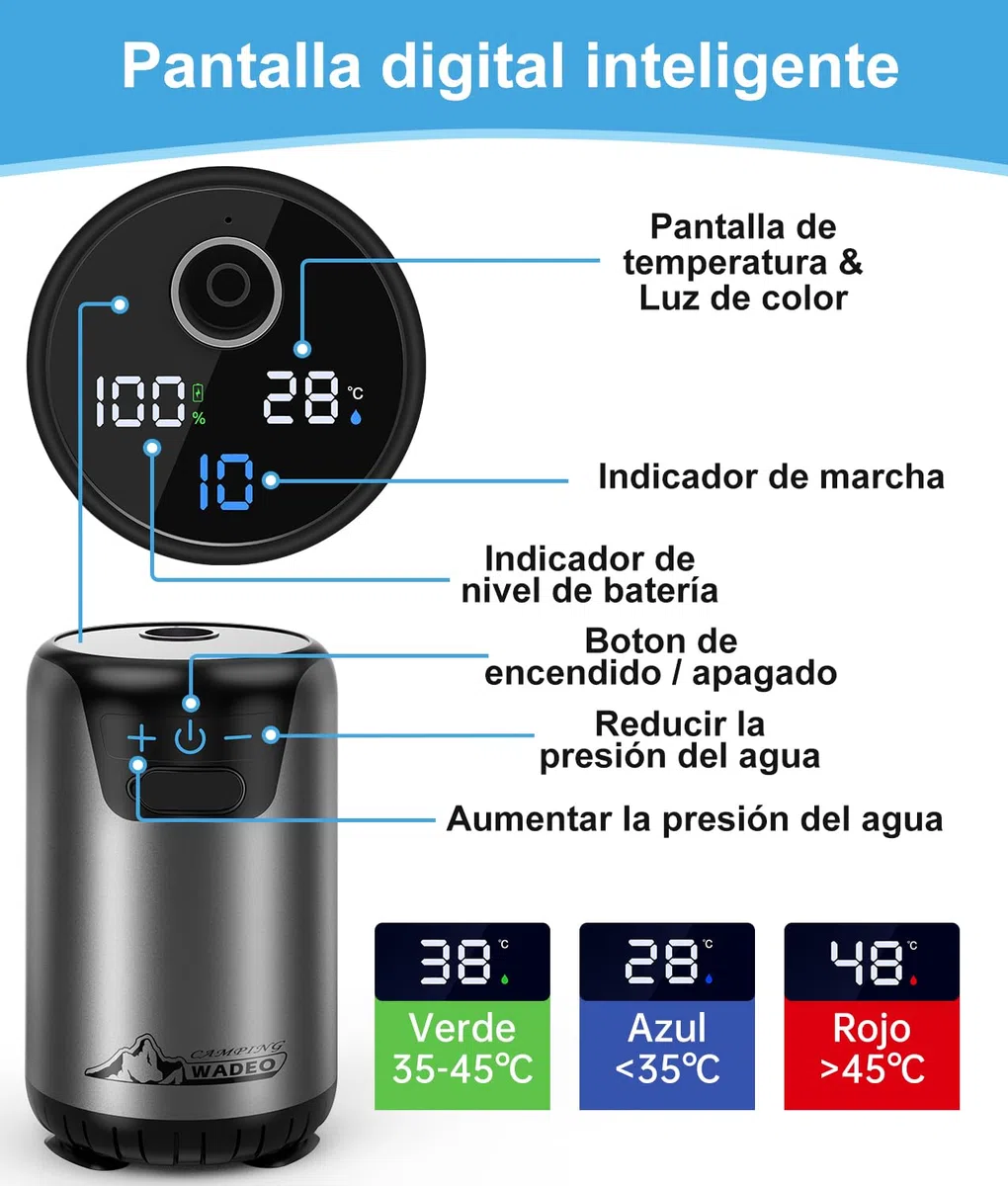 WADEO Ducha portátil para Acampada con Bomba y batería Recargable de 8000 mAh, 180 Minutos de autonomía, 10 velocidades, Set de Ducha móvil para jardín, Lavado de Coches, Mascotas, Viajes y Playa