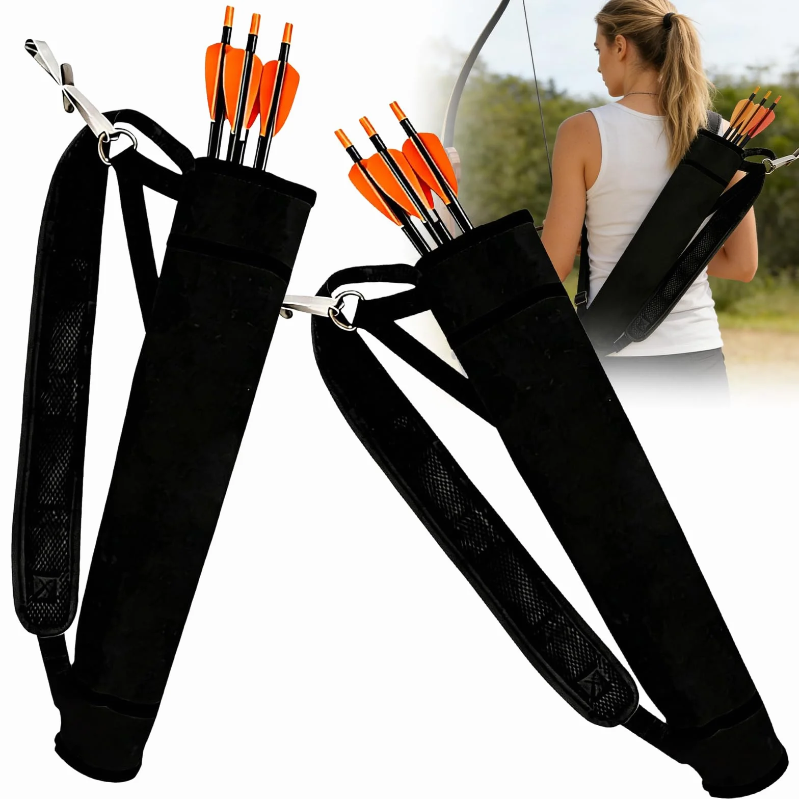 2 carcajes de flechas: soporte para carcaj trasero de tela Oxford de poliéster 600D para jóvenes y adultos, carcaj de flecha para arco recurvo compuesto práctica objetivo caza (negro)