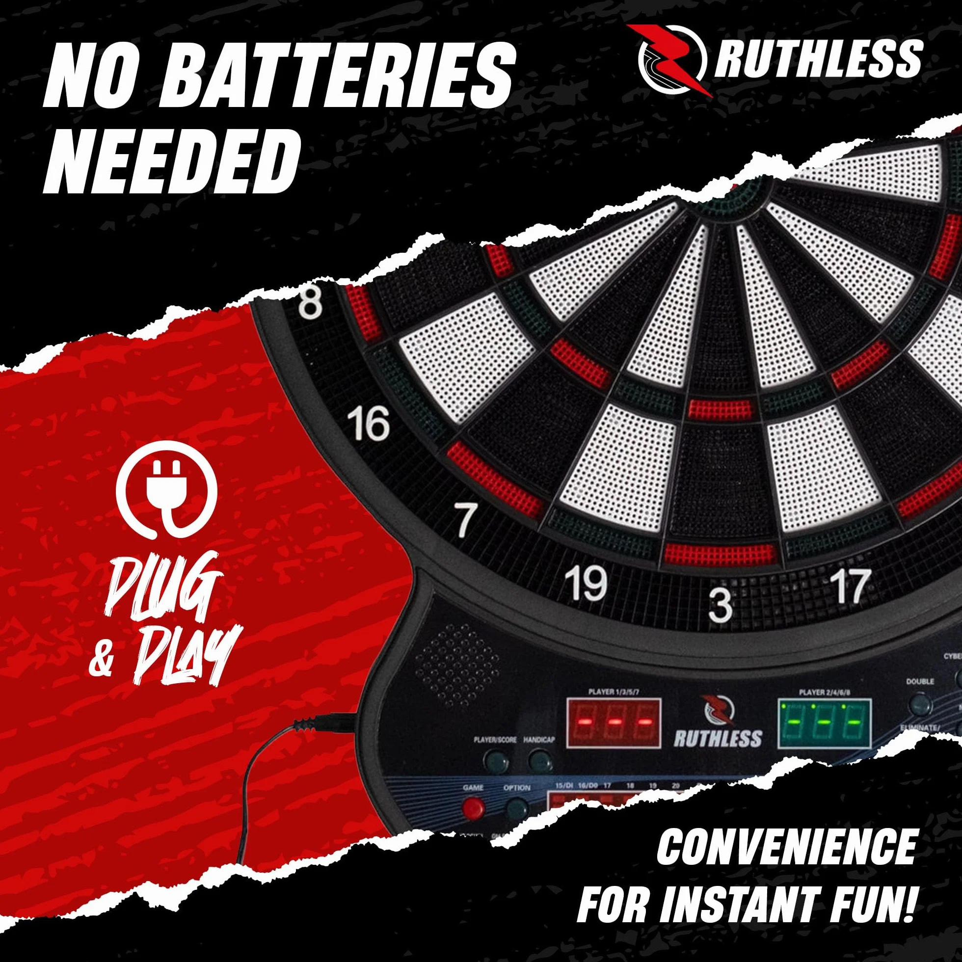 RUTHLESS | Tablero de dardos electrónico R600 de Ruthless | Punta suave | 4 juegos de dardos | 8 jugadores | 27 juegos.