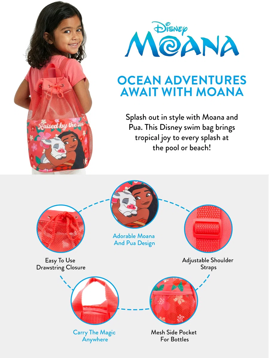 Disney Mochila, mochila de natación Moana, bolsa de natación con cordón, bolsas de playa para niñas, talla única