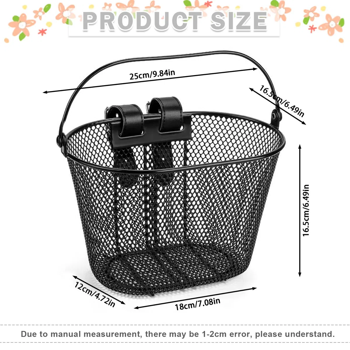 Cesta para bicicleta infantil delantera de metal, cesta de manillar con correa de piel, cesta extraíble para bicicleta para niñas y niños, estable y ligera