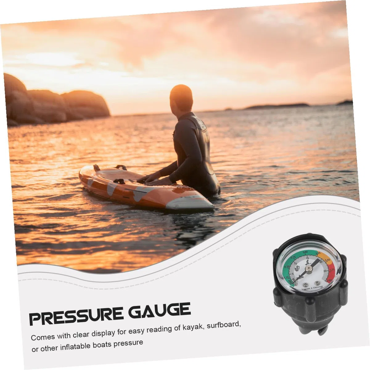 BESPORTBLE Manómetro de Presión para Kayak y Embarcación Inflable, Medidor Versátil de Aire Acero Inoxidable y Cuerpo de Goma para Deportes Acuáticos