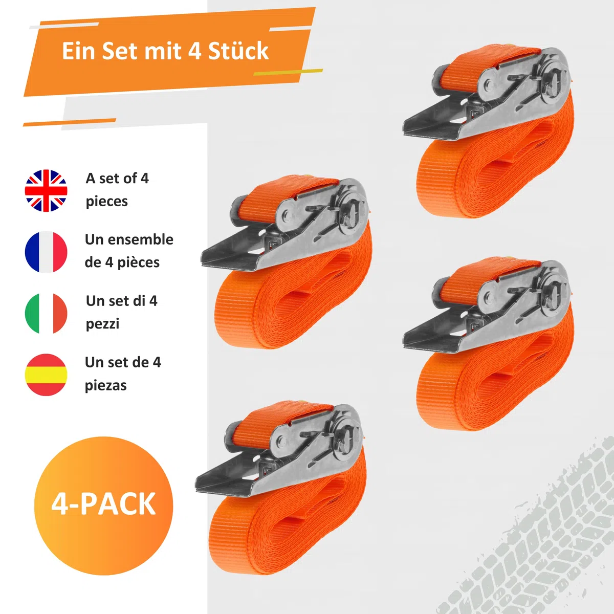 INTAKO Cinchas de Amarre 4 m o 6 m x 800 kg x 25 mm - 4 Piezas - Eslingas con Carraca - Correas de Sujeción con Trinquete - Verde (Ergolash) o Naranja (Naranja, 4m)