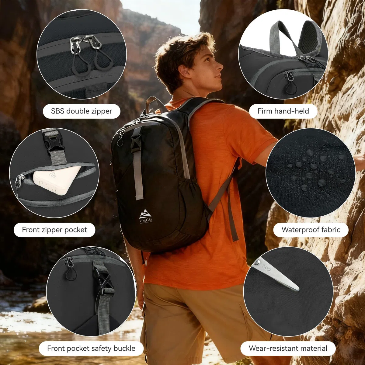 Mochila Pequeña Senderismo 15L para Mujer y Hombre, Mochila Plegable Ligera para Viajes Trabajo Al Aire Libre, Negro