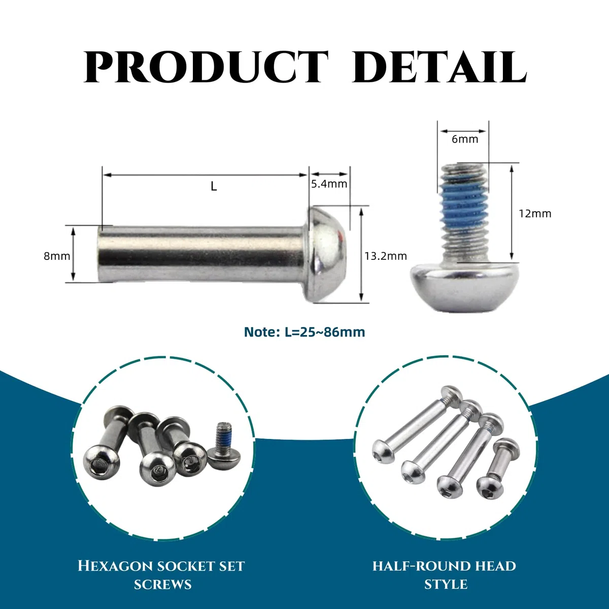 Tornillo amortiguador trasero MTB de 25-86 mm, suspensión completa, pernos M8 semicirculares hexagonales de bloqueo, 4 juegos (plata, 86 mm)