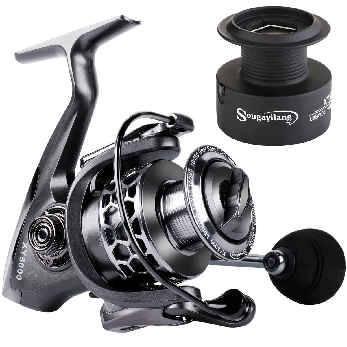 Sougayilang, Carrete de Pesca 13+1 rodamientos, Carrete Giratorio de Aluminio Ligero y Ultra Suave con Carrete de Repuesto de Grafito Adicional