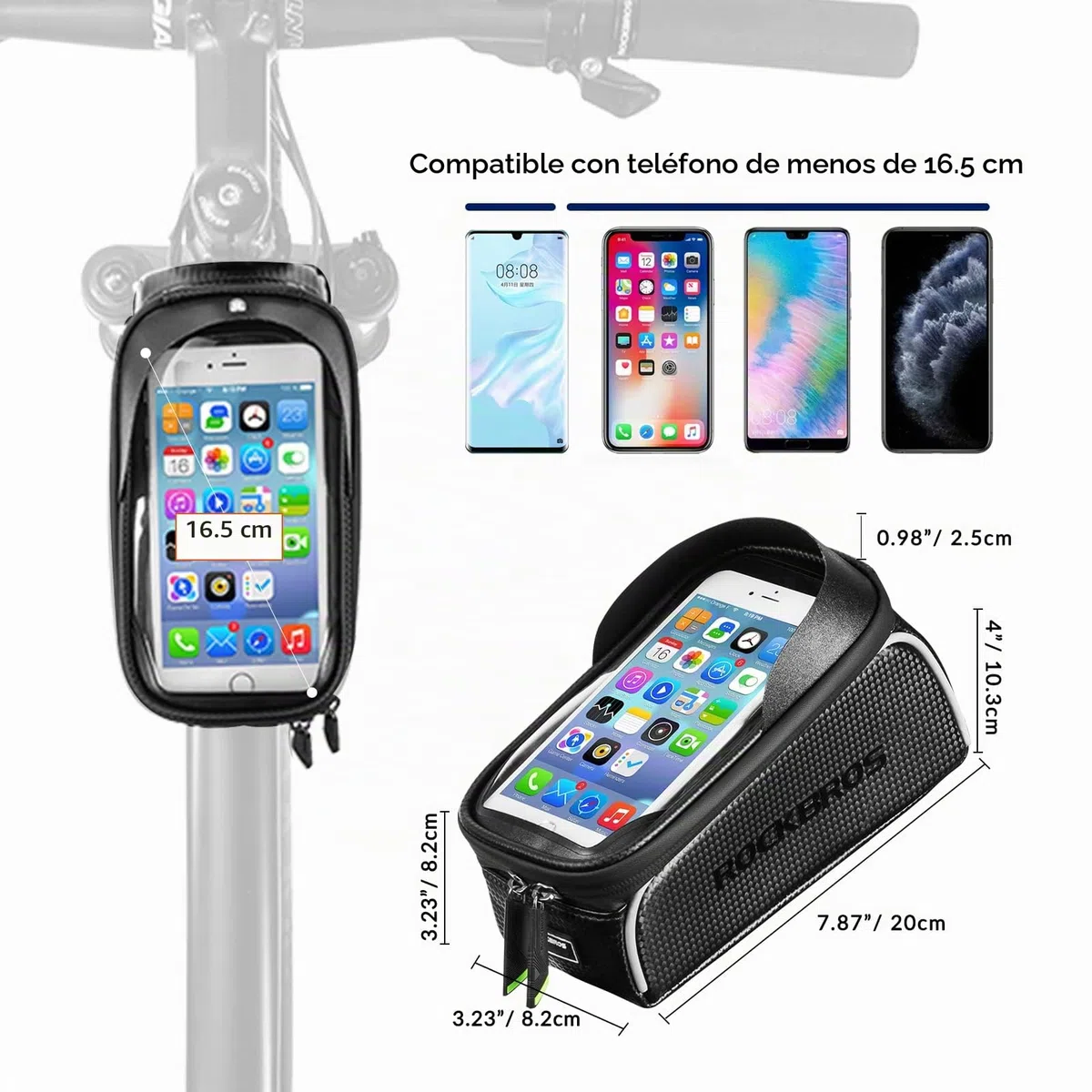 ROCKBROS Bolsa Móvil de Bicicleta Resistente al Agua, Porta Móvil para Teléfono de hasta 6,5” para Bicicleta de Montaña y Carretera, Soporte con Pantalla Táctil, Accesorios de Ciclismo, Negro